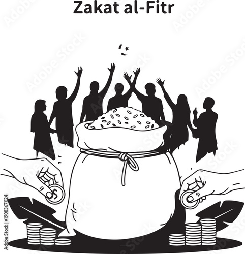 People celebrating with a jar of money and coins around them for zakat al-fitr