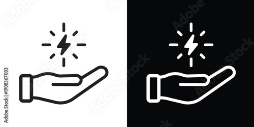 Hand holding a lightning bolt strike icon. Concept for energy management, power supply, fast charging, and innovative ideas. Clean vector graphic for utility and electrical service branding.
