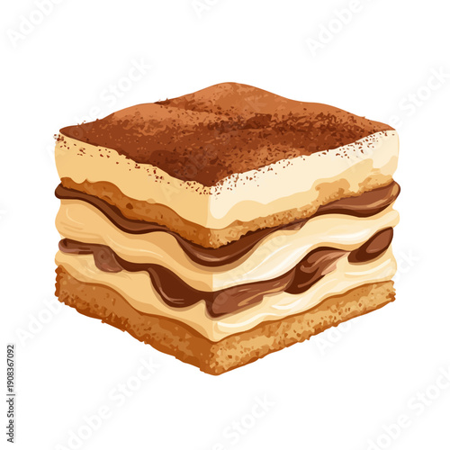 Tiramisu Cake, clean 2D vector flat illustration in minimal and modern style on a white background.