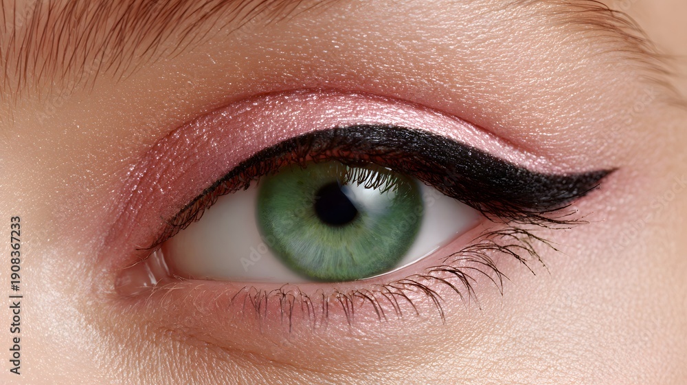 Fototapeta premium Close-up of a Beautiful Green Eye with Pink Eyeshadow and Winged Eyeliner.