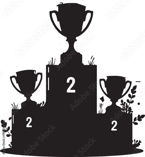 Three trophies displayed on a podium with the number 2 on each tier.