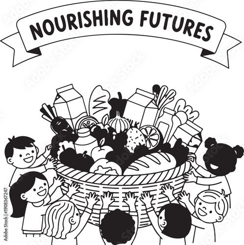 Children gathered around a table filled with various food items