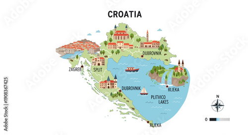Illustrated tourist map of Croatia showcasing landmarks cities and attractions in vibrant detail
