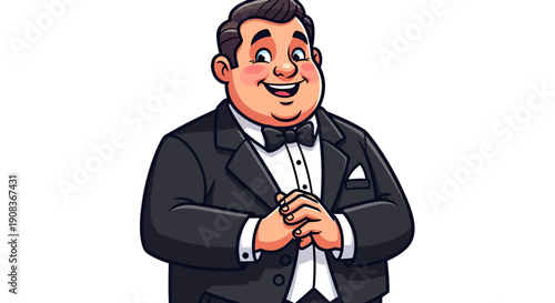 Illustration of a Smiling Cartoon Man in a Tuxedo with an Elegant Bow Tie Isolated