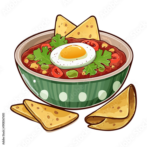 Bowl of healthy vegetable soup with fried egg and nachos for nutritious vegetarian lunch or dinner meal - Vector Illustration