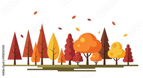 Autumn forest landscape, falling leaves, flat design, vibrant colors, seasonal change