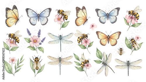 A charming watercolor collection of delicate garden wildlife, including butterflies, bees, dragonflies, blooming flowers, and leafy botanicals.