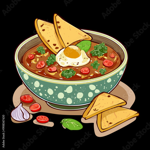 Bowl of spicy bean stew with fried egg and nachos for nutritious and filling mexican lunch meal - Vector Illustration