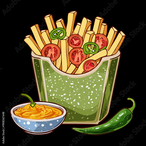Box of french fries with spicy tomato sauce and herbs for tasty and crispy fast food snack - Vector Illustration