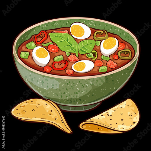 Bowl of spicy tomato soup with boiled egg and nachos for hearty and delicious mexican lunch meal - Vector Illustration