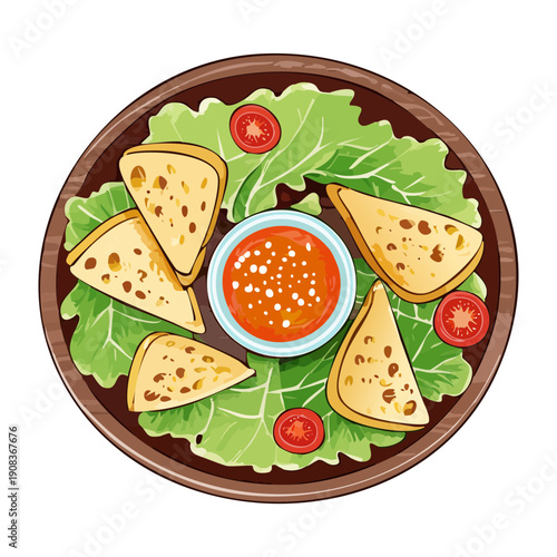 Plate of nachos with dipping sauce and fresh herbs for delicious mexican style appetizer or snack meal - Vector Illustration