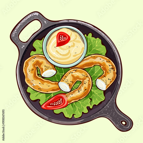 Skillet of fried shrimp with creamy dipping sauce for delicious homemade seafood appetizer or snack meal dish - Vector Illustration