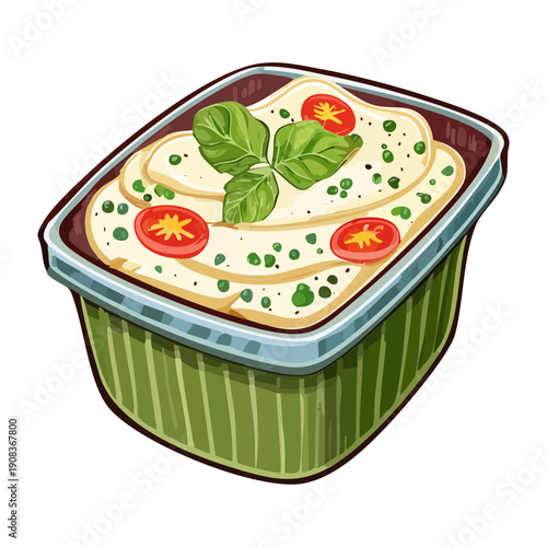 Tray of baked lasagna or pasta bake with fresh tomatoes and basil for delicious italian dinner meal - Vector Illustration
