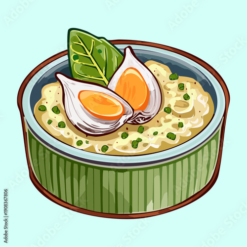 Bowl of creamy oatmeal topped with boiled eggs and herbs for healthy and nutritious protein breakfast meal - Vector Illustration