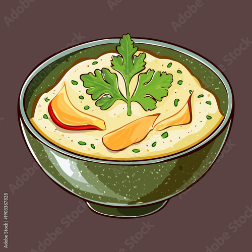 Creamy vegetable soup with fresh herbs and croutons for healthy and warming vegetarian lunch or dinner meal - Vector Illustration