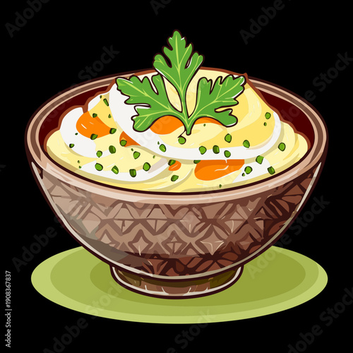 Bowl of savory potato mash with fresh herbs and vegetables for healthy and nutritious vegetarian lunch meal - Vector Illustration
