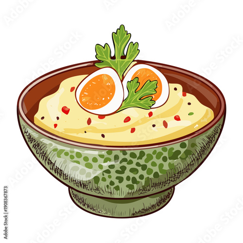 Bowl of creamy mashed potatoes topped with boiled eggs and herbs for healthy and comforting side dish - Vector Illustration