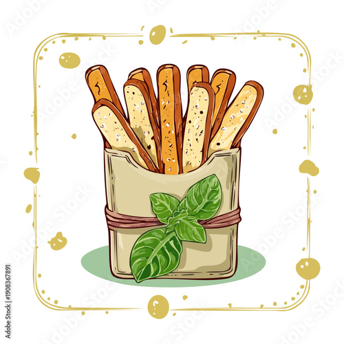Box of crispy breadsticks with fresh herbs for tasty and crunchy vegetarian snack or party appetizer meal - Vector Illustration