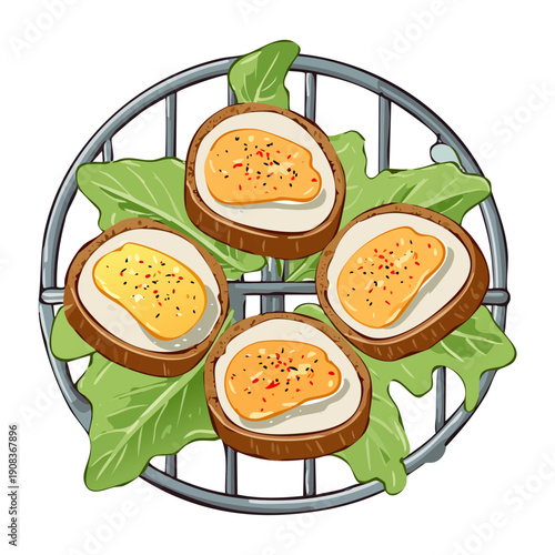Four mini bruschettas with savory toppings on wire cooling rack for party appetizer or healthy snack dish - Vector Illustration