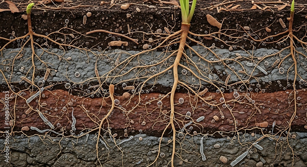 Fototapeta premium Plant roots penetrate distinct, layered soil strata, showing organic matter and mineral composition beneath green grass.
