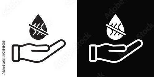 Environmental icon of a hand holding a crossed-out water drop with a leaf pattern. Signifies water conservation, drought prevention, and the protection of natural aquatic resources.