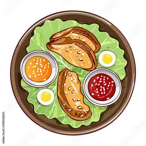 Fried dumplings with dipping sauces and fresh salad for delicious asian style appetizer or snack meal dish - Vector Illustration