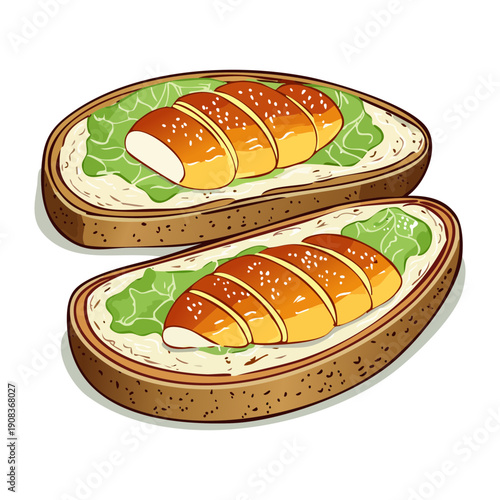 Slices of toasted bread topped with grilled chicken and fresh greens for tasty protein rich snack meal - Vector Illustration