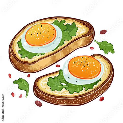 Two slices of toasted bread with fried eggs and fresh herbs for simple and healthy breakfast meal - Vector Illustration