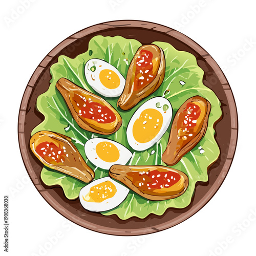Bowl of chicken salad with boiled eggs and fresh greens for healthy protein rich keto diet meal - Vector Illustration