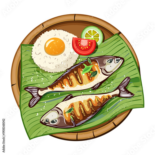 Fried fish with boiled egg and fresh vegetables on wooden plate for healthy and nutritious lunch meal - Vector Illustration
