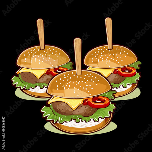 Plate of mini sliders with beef patties and fresh greens on skewers for party appetizer snack gathering - Vector Illustration