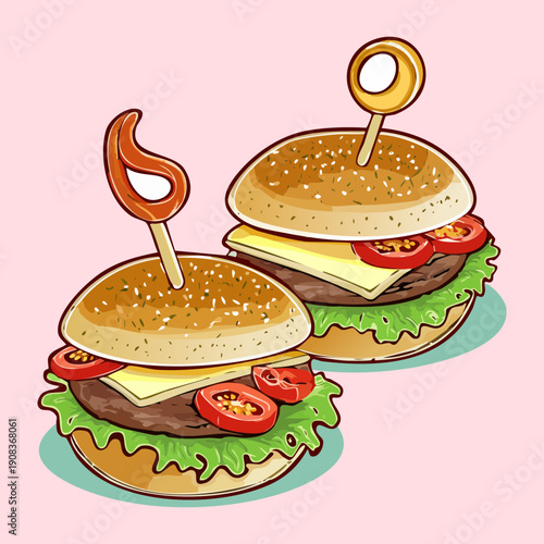 Two delicious cheeseburgers with fresh lettuce and tomatoes on wooden skewers for tasty fast food snack meal - Vector Illustration