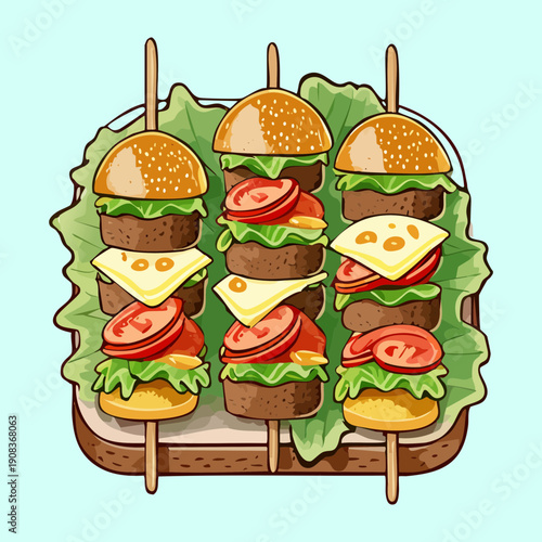 Assorted mini burgers with cheese and fresh vegetables on skewers for delicious party catering appetizer snack dish - Vector Illustration