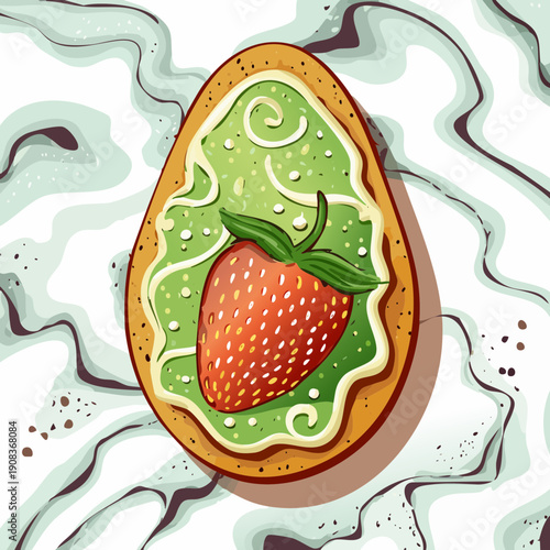 Strawberry themed open sandwich with fresh avocado and seeds on toasted bread for healthy vegan breakfast snack - Vector Illustration
