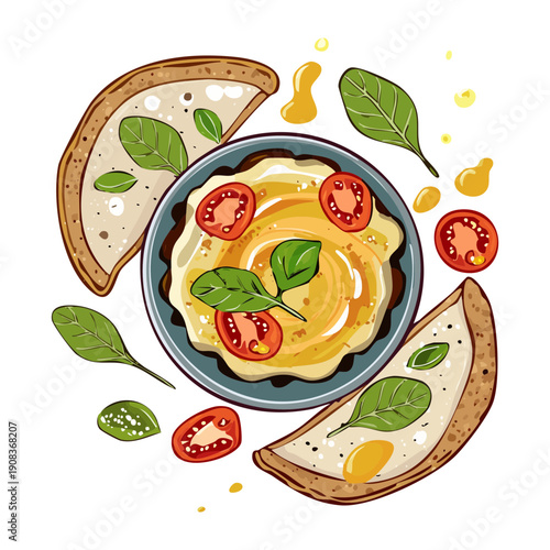 Gourmet hummus dip with olive oil and herbs served with toasted baguette slices for vegetarian appetizer snack - Vector Illustration