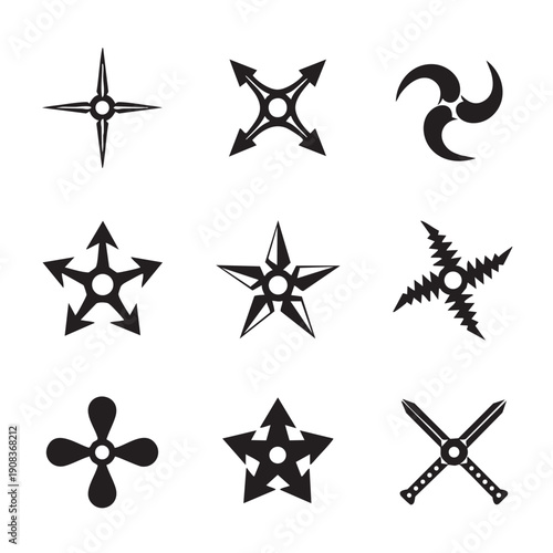 Ninja Shuriken silhouette set, throwing star flat icon for games and websites.  vector isolated on a white background. 