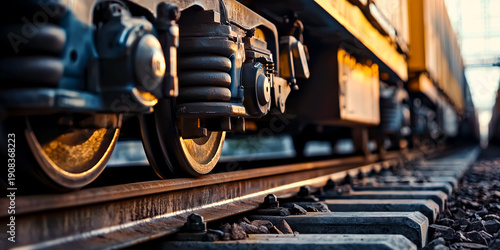 close-up of freight train wheels and suspension on railway tracks - rail transport, heavy industry, logistics and industrial infrastructure concept