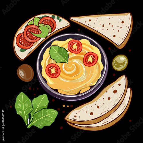 Bowl of hummus with olive oil and toasted bread for traditional mediterranean appetizer and healthy vegan snack - Vector Illustration