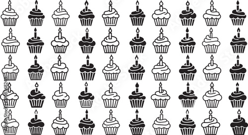 black and white cupcake icons with candles on white background for birthday celebrations
