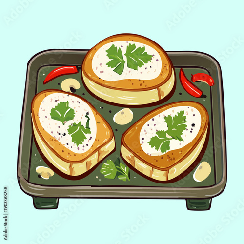 Crispy toasted bread with fresh cream cheese and green herbs on baking tray for delicious appetizer snack - Vector Illustration