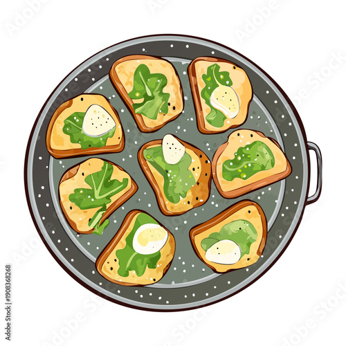 Tray of crispy bruschetta with pesto and green herbs for italian appetizer party snack at home - Vector Illustration