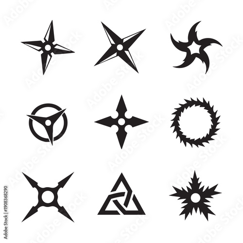 Ninja Shuriken silhouette set, throwing star flat icon for games and websites.  vector isolated on a white background. 