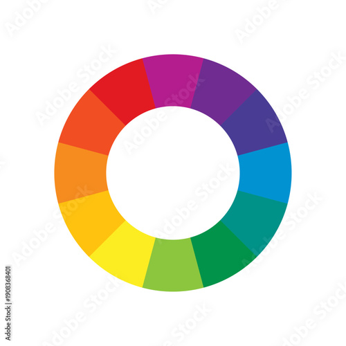Twelve-part circular color wheel displaying a full spectrum of primary, secondary, and tertiary hues on a white background