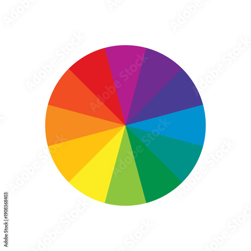 Twelve-part circular color wheel displaying a full spectrum of primary, secondary, and tertiary hues on a white background