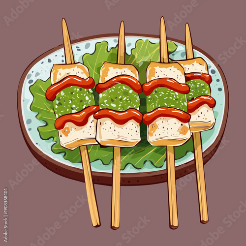 Assorted grilled chicken and vegetable kebabs on wooden tray for summer barbecue party gathering with friends - Vector Illustration