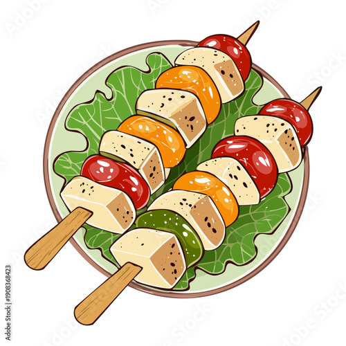 Delicious vegetable kebabs with peppers and onions on wooden skewers for healthy vegetarian barbecue garden party - Vector Illustration