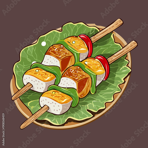 Grilled chicken skewers with bell peppers and green herbs on wooden sticks for outdoor barbecue party snack - Vector Illustration