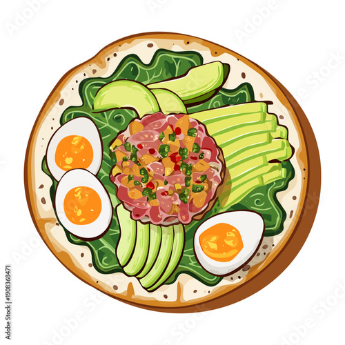 Mixed salad bowl with avocado slices boiled eggs and tuna chunks for healthy keto diet lunch meal - Vector Illustration