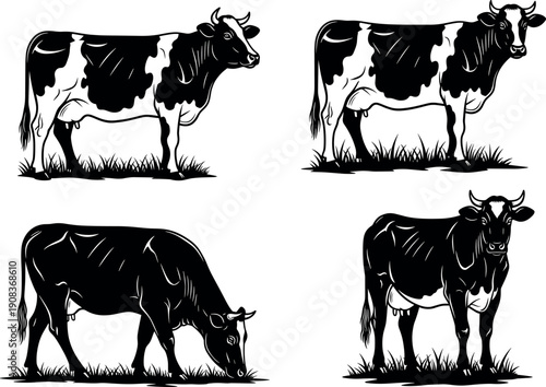 Set of black and white hand drawn cow silhouettes grazing on grass for dairy farm and organic agriculture branding.
