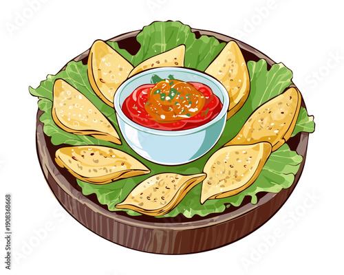 Large plate of triangular tortilla nachos chips with spicy tomato salsa dip for party snack - Vector Illustration